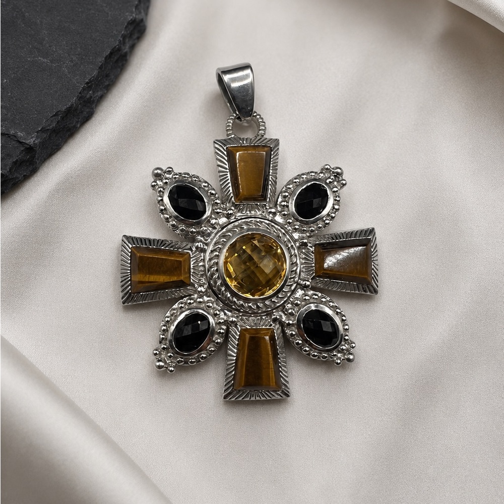 JUDITH RIPKA 925 Sterling Silver Citrine Tiger’s Eye Onyx Maltese Pendant - Picture 6 of 14